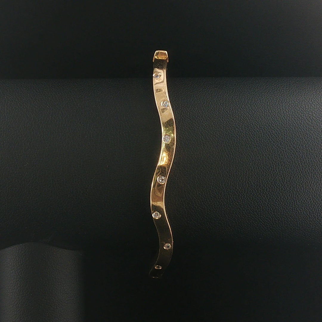 14k Yellow Gold and Diamond 9.7g Curved Wave Bangle Bracelet 6.85"