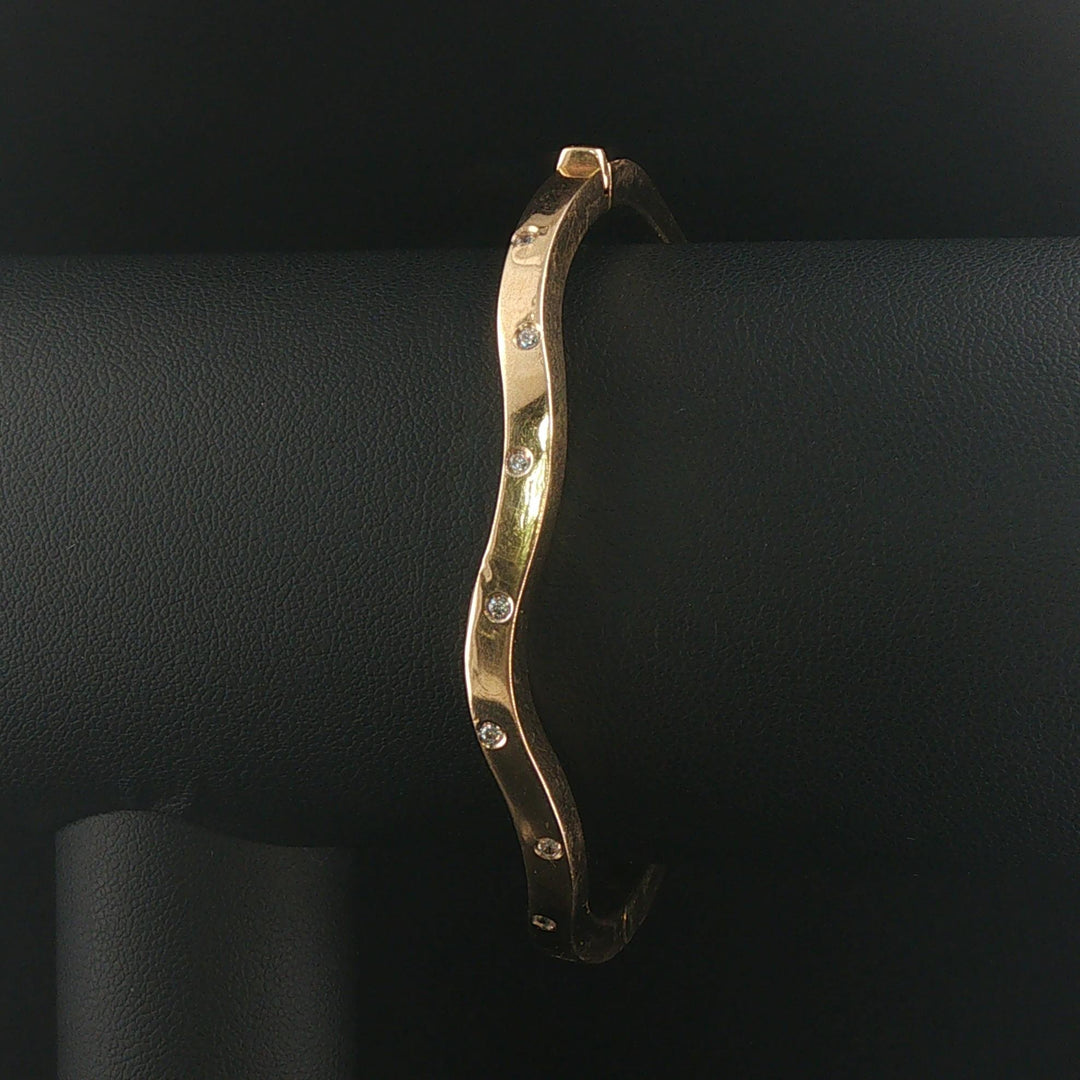 14k Yellow Gold and Diamond 9.7g Curved Wave Bangle Bracelet 6.85"