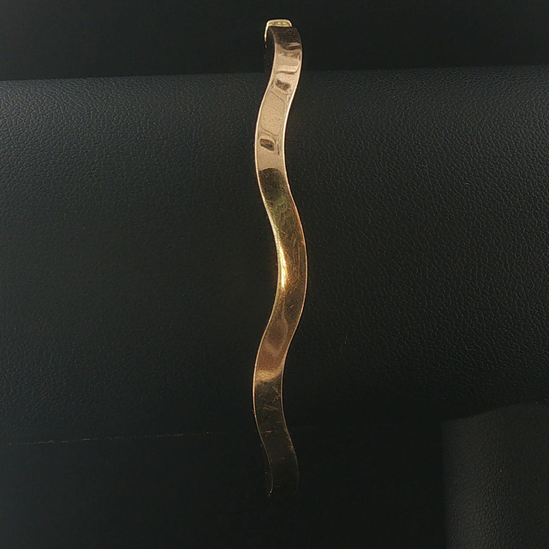 14k Yellow Gold and Diamond 9.7g Curved Wave Bangle Bracelet 6.85"