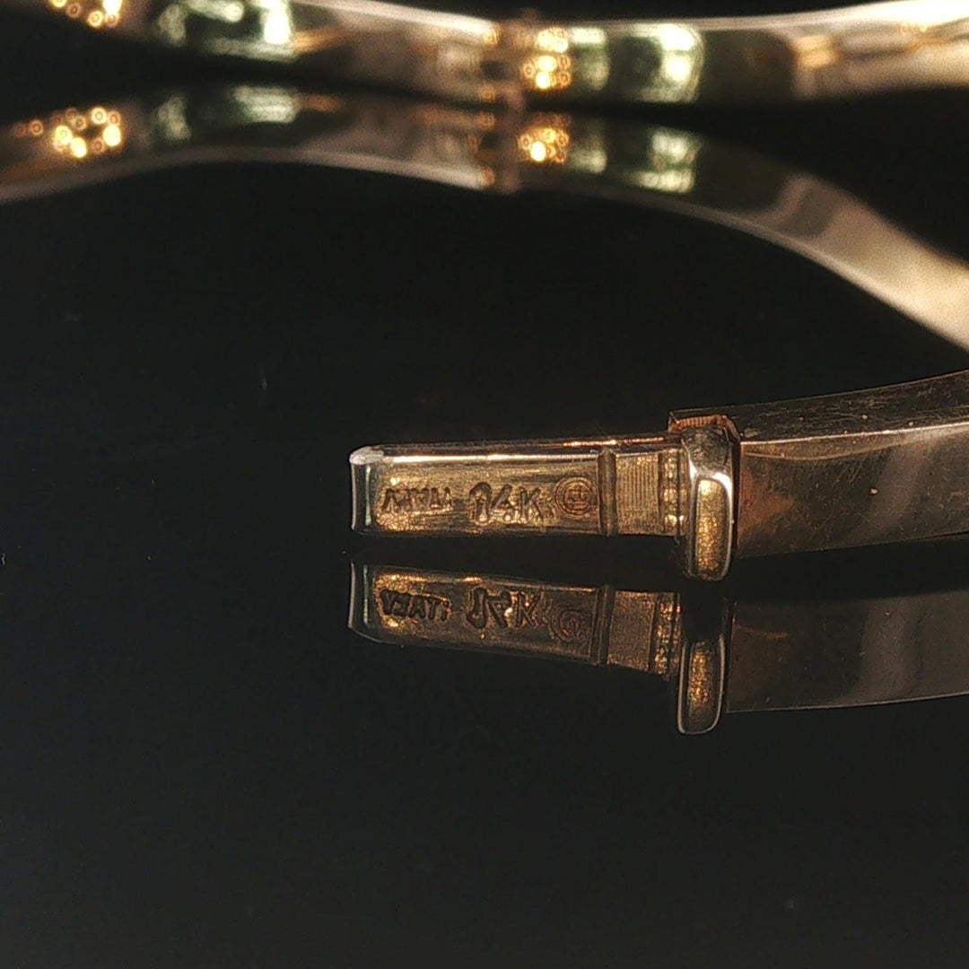 14k Yellow Gold and Diamond 9.7g Curved Wave Bangle Bracelet 6.85"