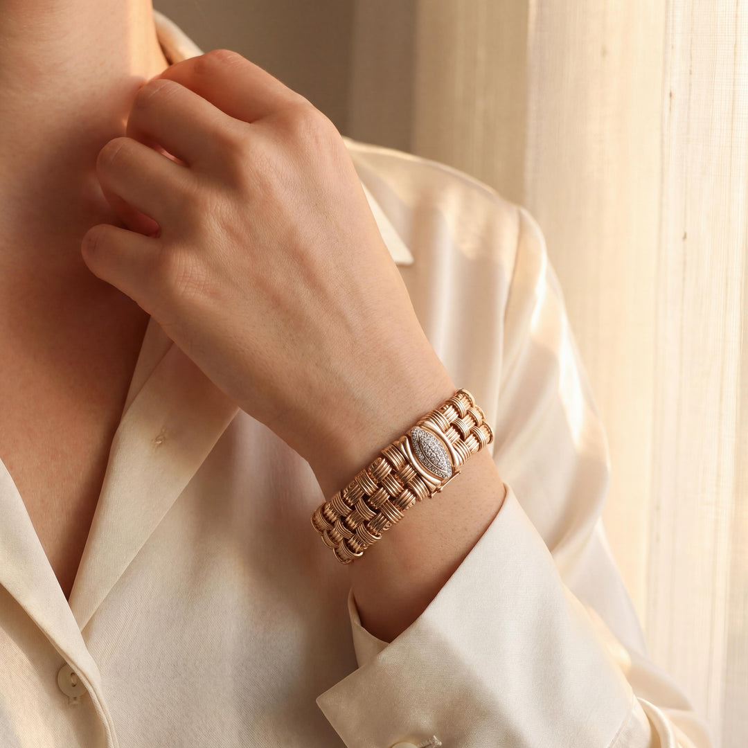 14k Yellow Gold and Diamond 39.8g Heavy Basket Weave Woven Link Bracelet 7"