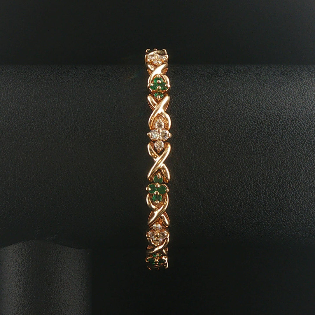 14k Yellow Gold Emerald and 1cttw Diamond Floral X Link Bracelet 6.75"