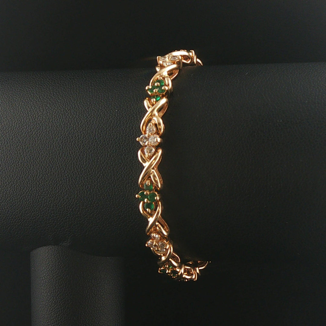 14k Yellow Gold Emerald and 1cttw Diamond Floral X Link Bracelet 6.75"