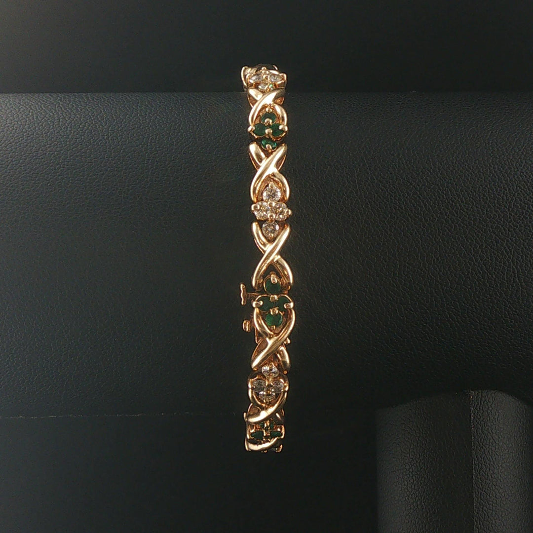 14k Yellow Gold Emerald and 1cttw Diamond Floral X Link Bracelet 6.75"
