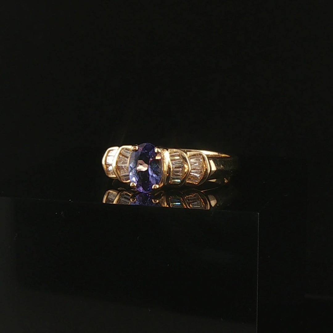 14k Yellow Gold Tanzanite and Baguette Diamond Ring Size 7