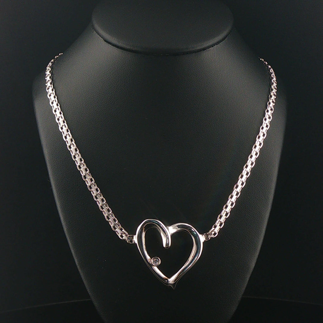 14k White Gold and Diamond Bismark Link Heart Pendant Necklace Italy 19"