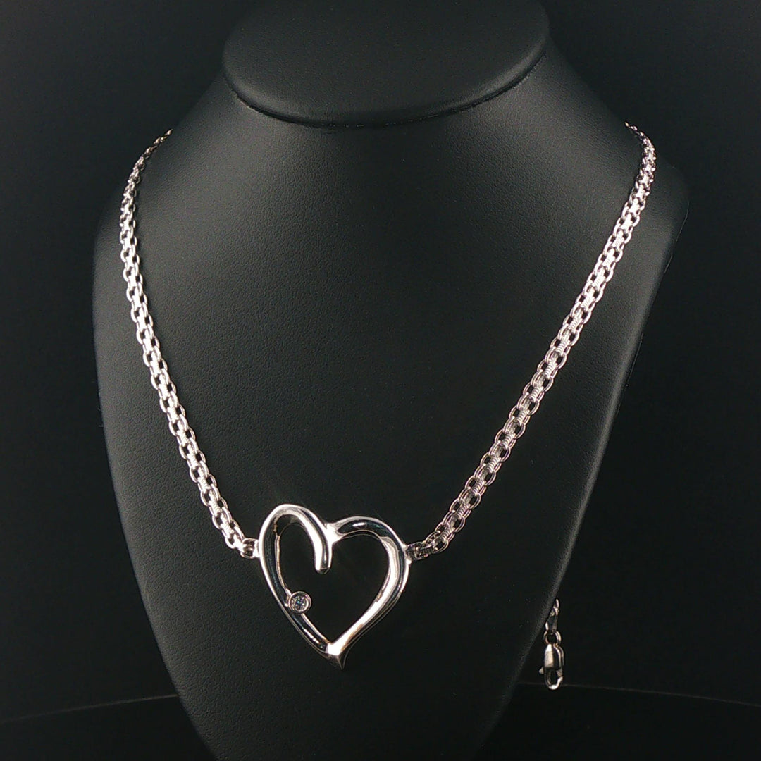 14k White Gold and Diamond Bismark Link Heart Pendant Necklace Italy 19"