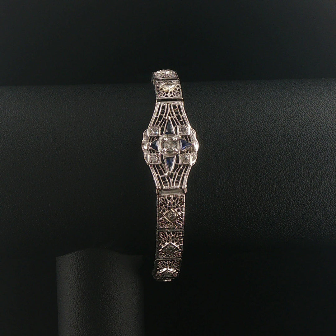 14k White Gold Diamond and Sapphire Vintage Intricate Filigree Link Bracelet 7"