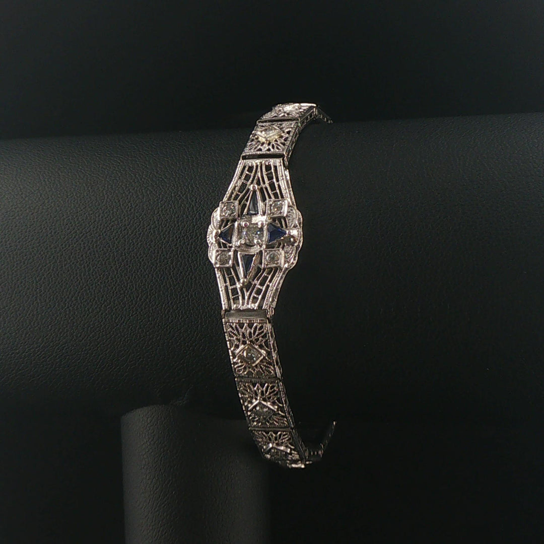 14k White Gold Diamond and Sapphire Vintage Intricate Filigree Link Bracelet 7"