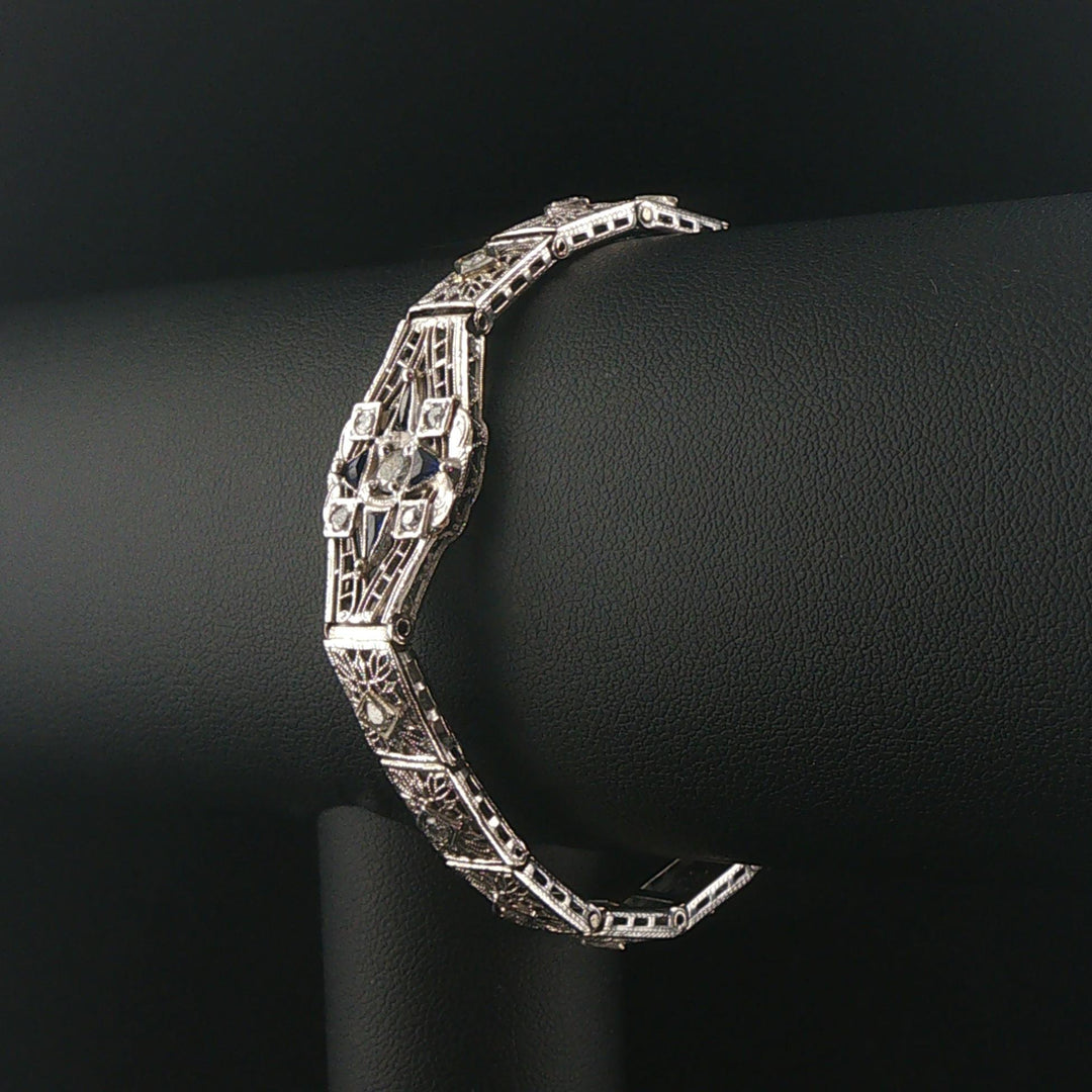 14k White Gold Diamond and Sapphire Vintage Intricate Filigree Link Bracelet 7"