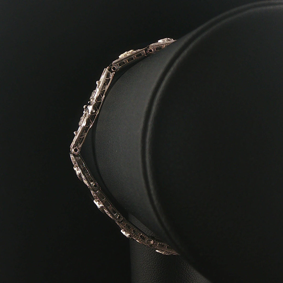 14k White Gold Diamond and Sapphire Vintage Intricate Filigree Link Bracelet 7"