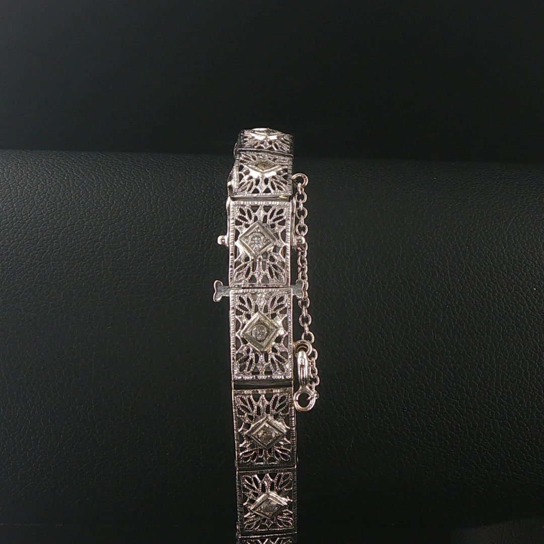 14k White Gold Diamond and Sapphire Vintage Intricate Filigree Link Bracelet 7"