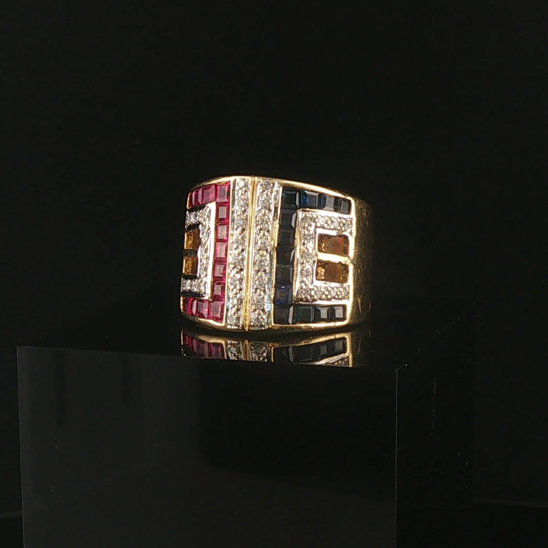 18k Yellow Gold Blue Sapphire Ruby and Diamond Band Ring Size 7.5
