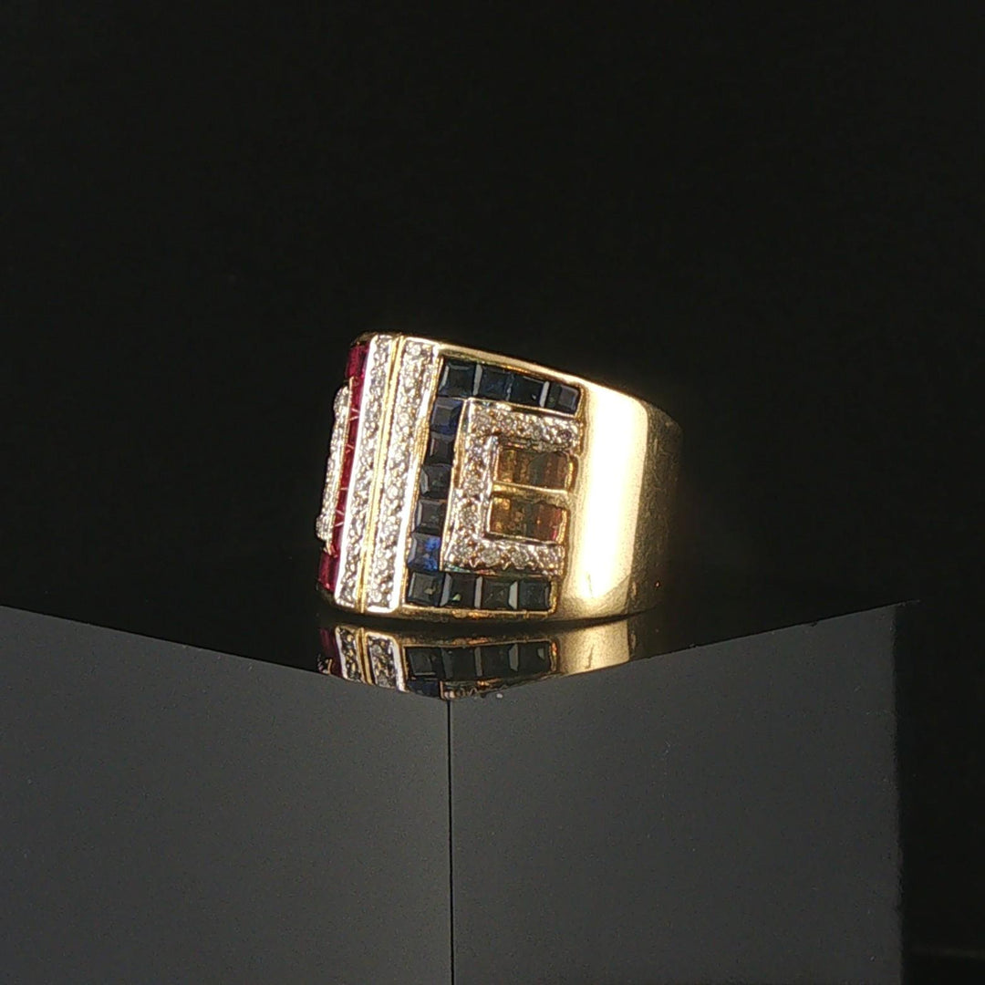 18k Yellow Gold Blue Sapphire Ruby and Diamond Band Ring Size 7.5