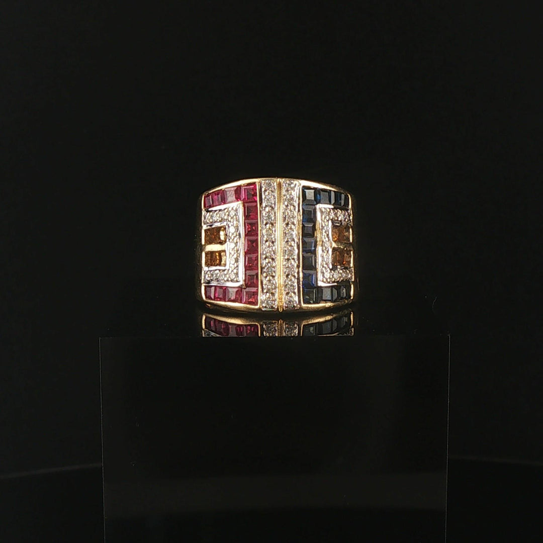 18k Yellow Gold Blue Sapphire Ruby and Diamond Band Ring Size 7.5