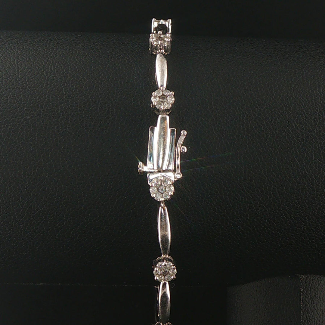 14k White Gold and 1.30cttw Diamond Cluster Floral Link Bracelet 7.5"