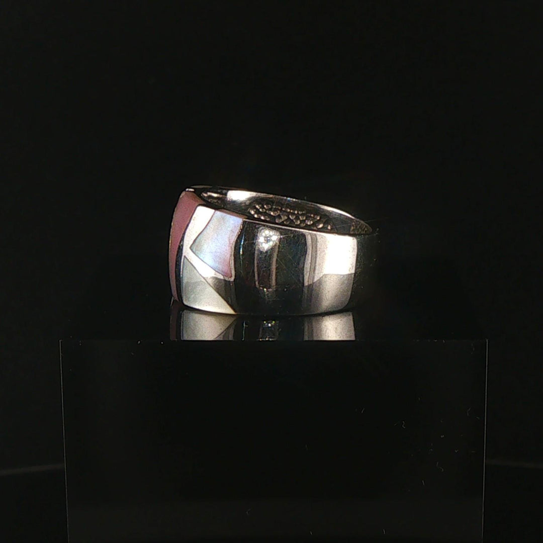 14k White Gold Mother of Pearl Inlay and Diamond Band Ring Size 7
