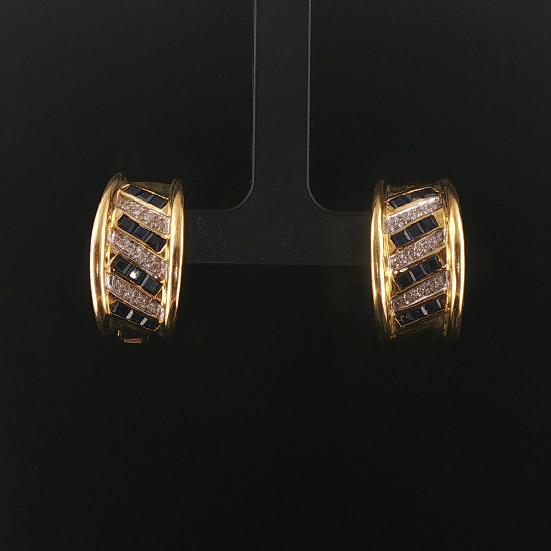 14k Yellow Gold Diamond and Sapphire Huggie Earrings