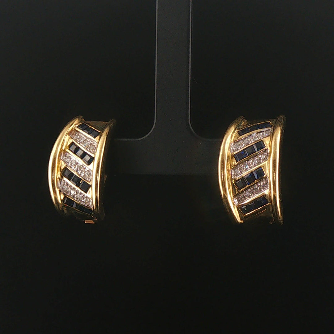 14k Yellow Gold Diamond and Sapphire Huggie Earrings
