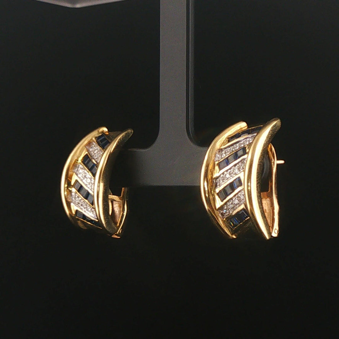14k Yellow Gold Diamond and Sapphire Huggie Earrings