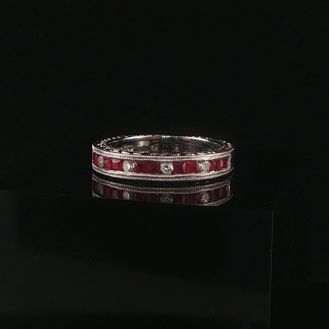 18k White Gold Ruby and Diamond Vintage Band Ring Size 6.5