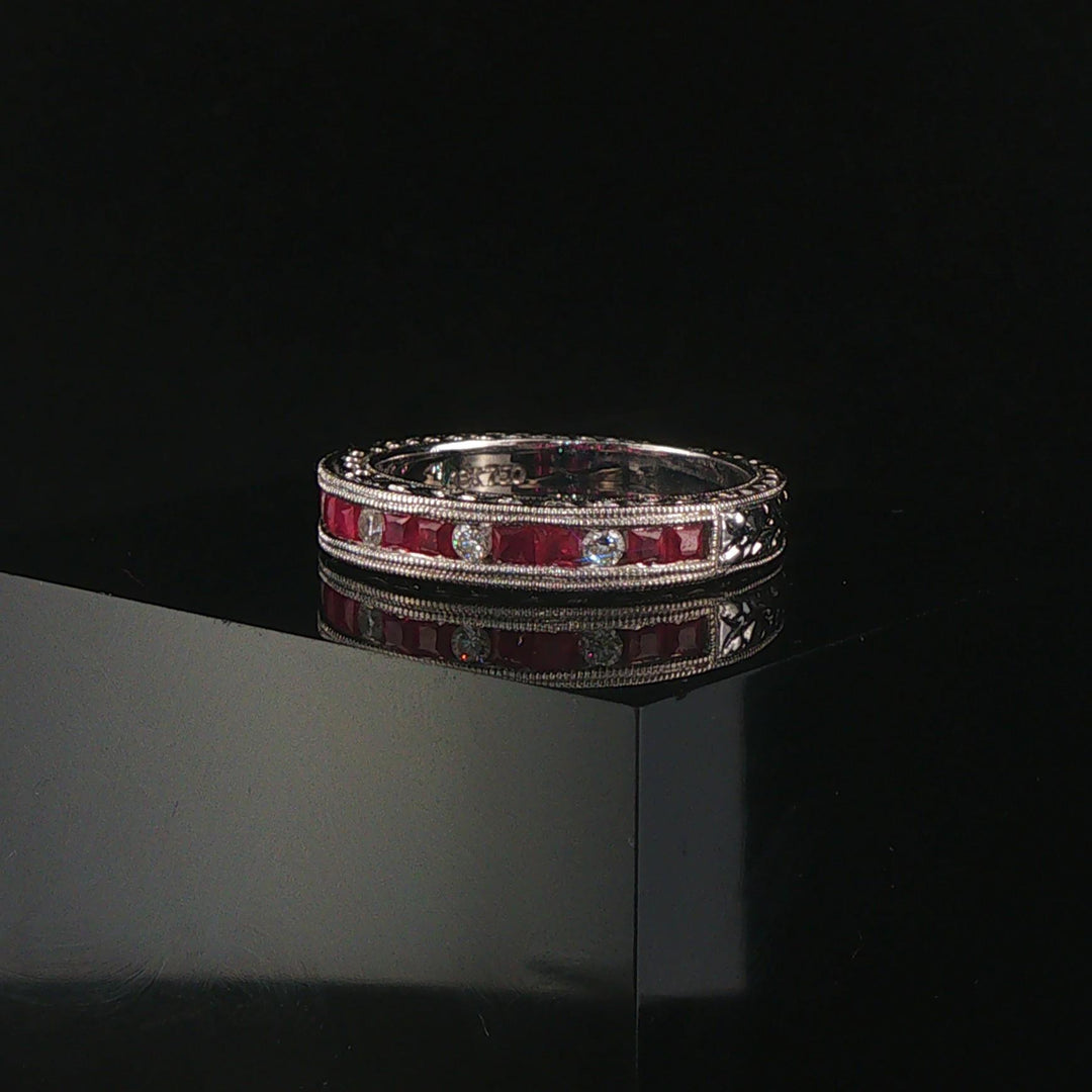 18k White Gold Ruby and Diamond Vintage Band Ring Size 6.5