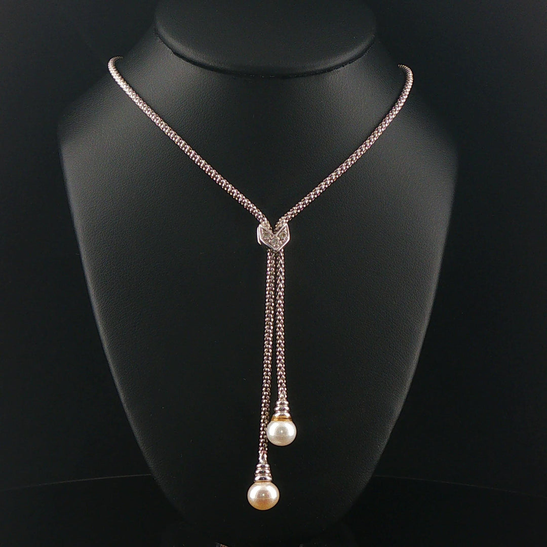 18k White Gold Pearl and Diamond Popcorn Link Lariat Necklace Italy 17.5"