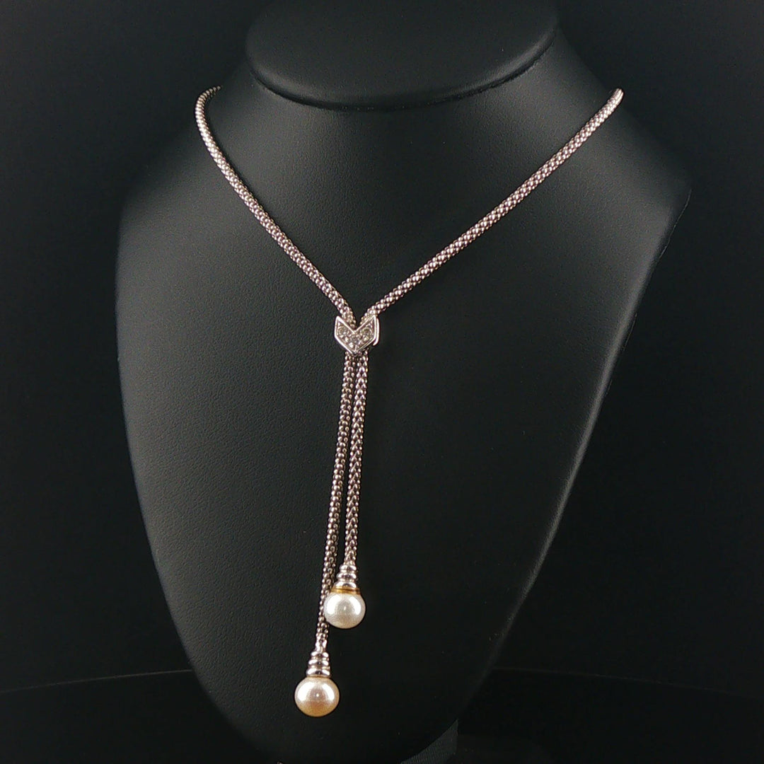 18k White Gold Pearl and Diamond Popcorn Link Lariat Necklace Italy 17.5"