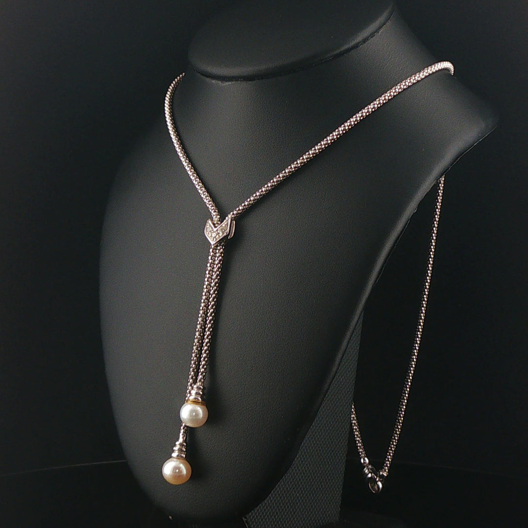 18k White Gold Pearl and Diamond Popcorn Link Lariat Necklace Italy 17.5"