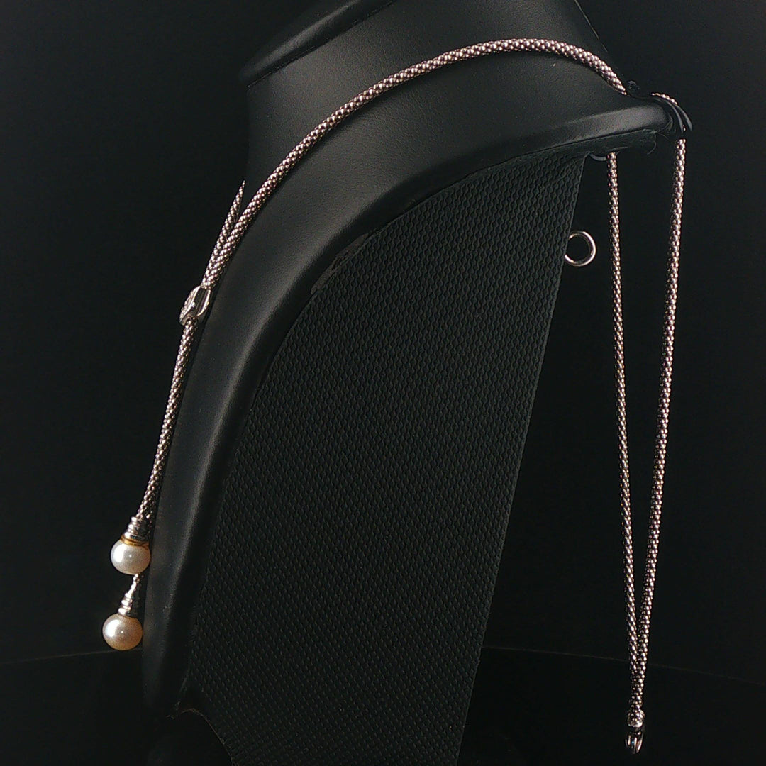 18k White Gold Pearl and Diamond Popcorn Link Lariat Necklace Italy 17.5"