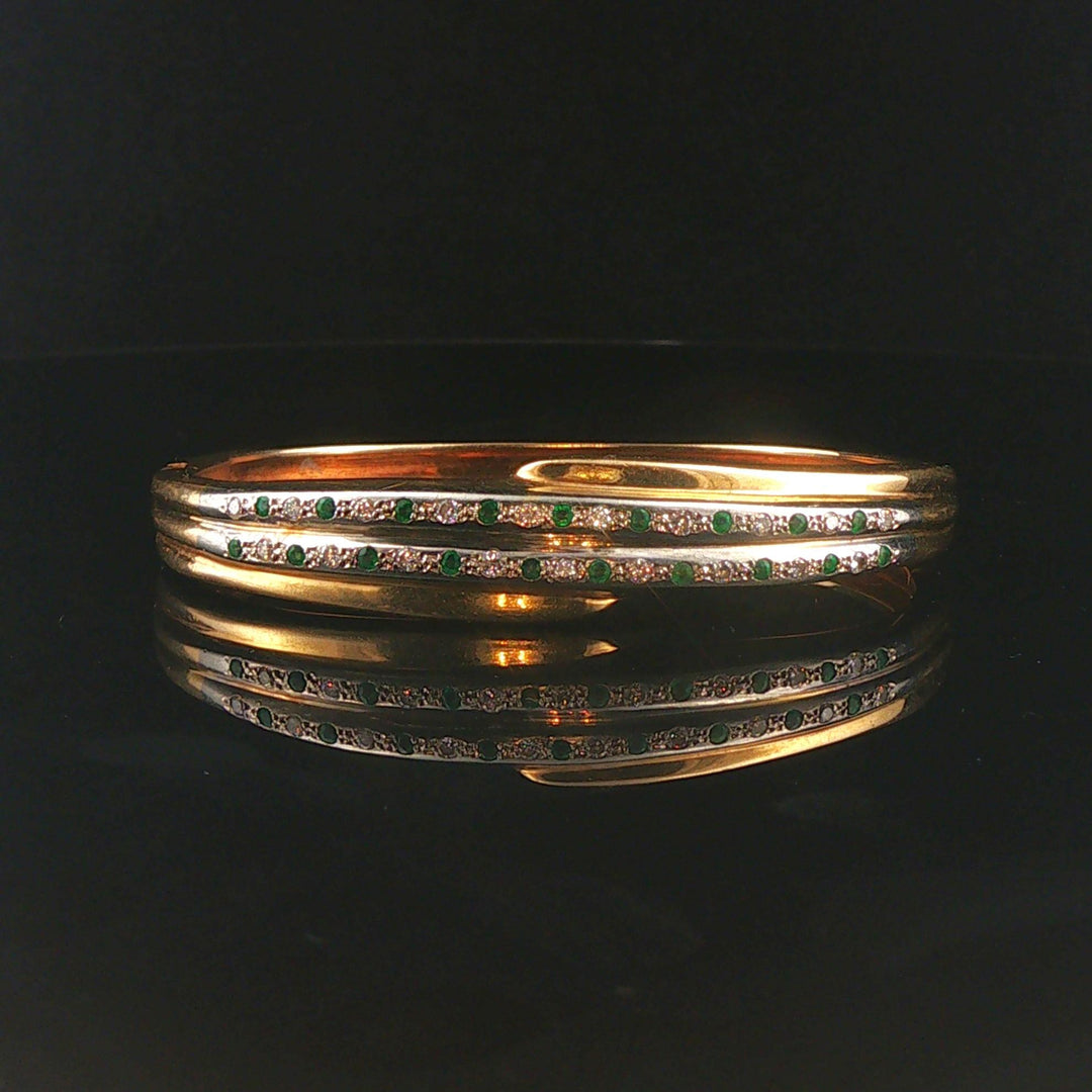14k Yellow & White Gold 24.5g Heavy Diamond and Emerald Bangle Bracelet 6.5"