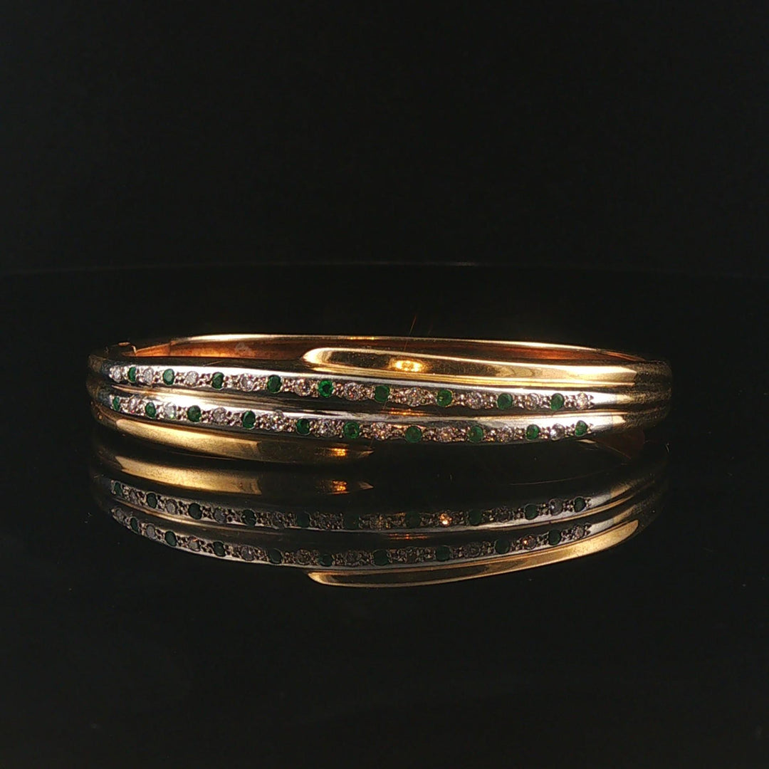 14k Yellow & White Gold 24.5g Heavy Diamond and Emerald Bangle Bracelet 6.5"