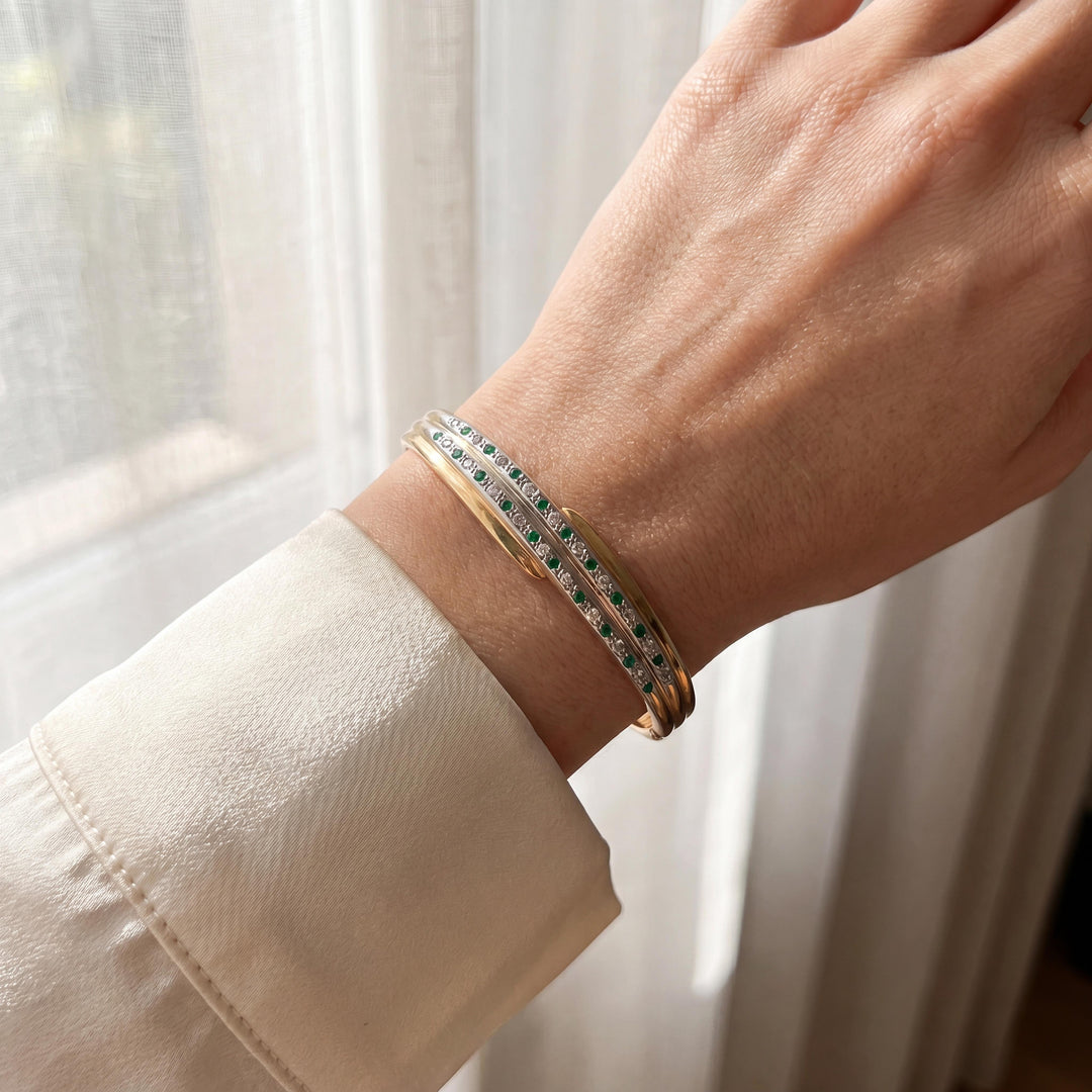 14k Yellow & White Gold 24.5g Heavy Diamond and Emerald Bangle Bracelet 6.5"