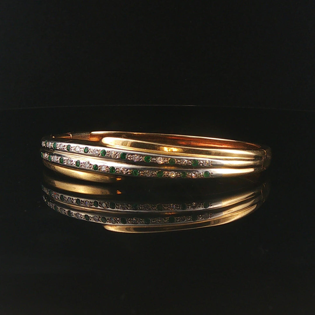 14k Yellow & White Gold 24.5g Heavy Diamond and Emerald Bangle Bracelet 6.5"