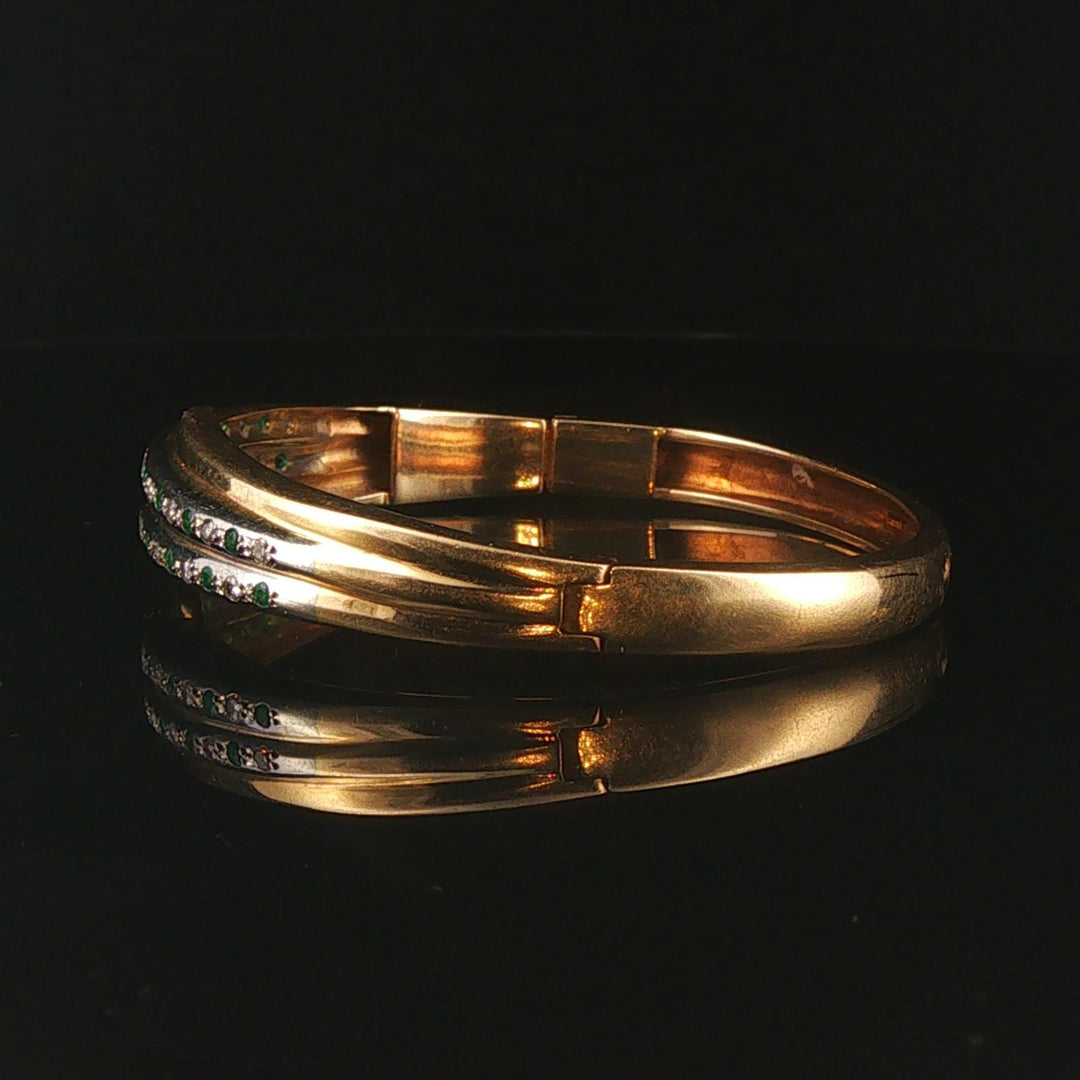 14k Yellow & White Gold 24.5g Heavy Diamond and Emerald Bangle Bracelet 6.5"