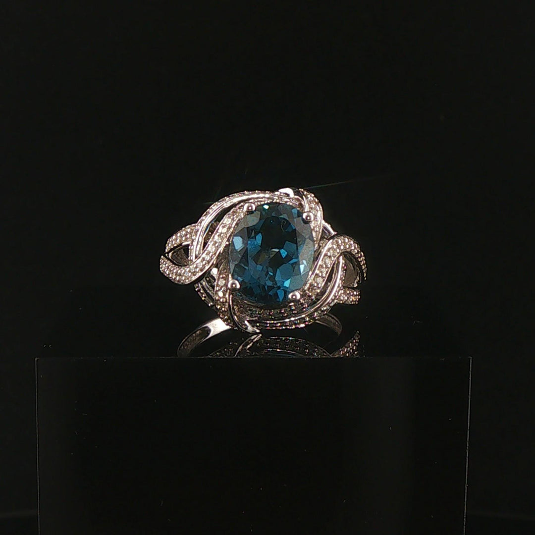 14k White Gold London Blue Topaz and Diamond Ring Size 7
