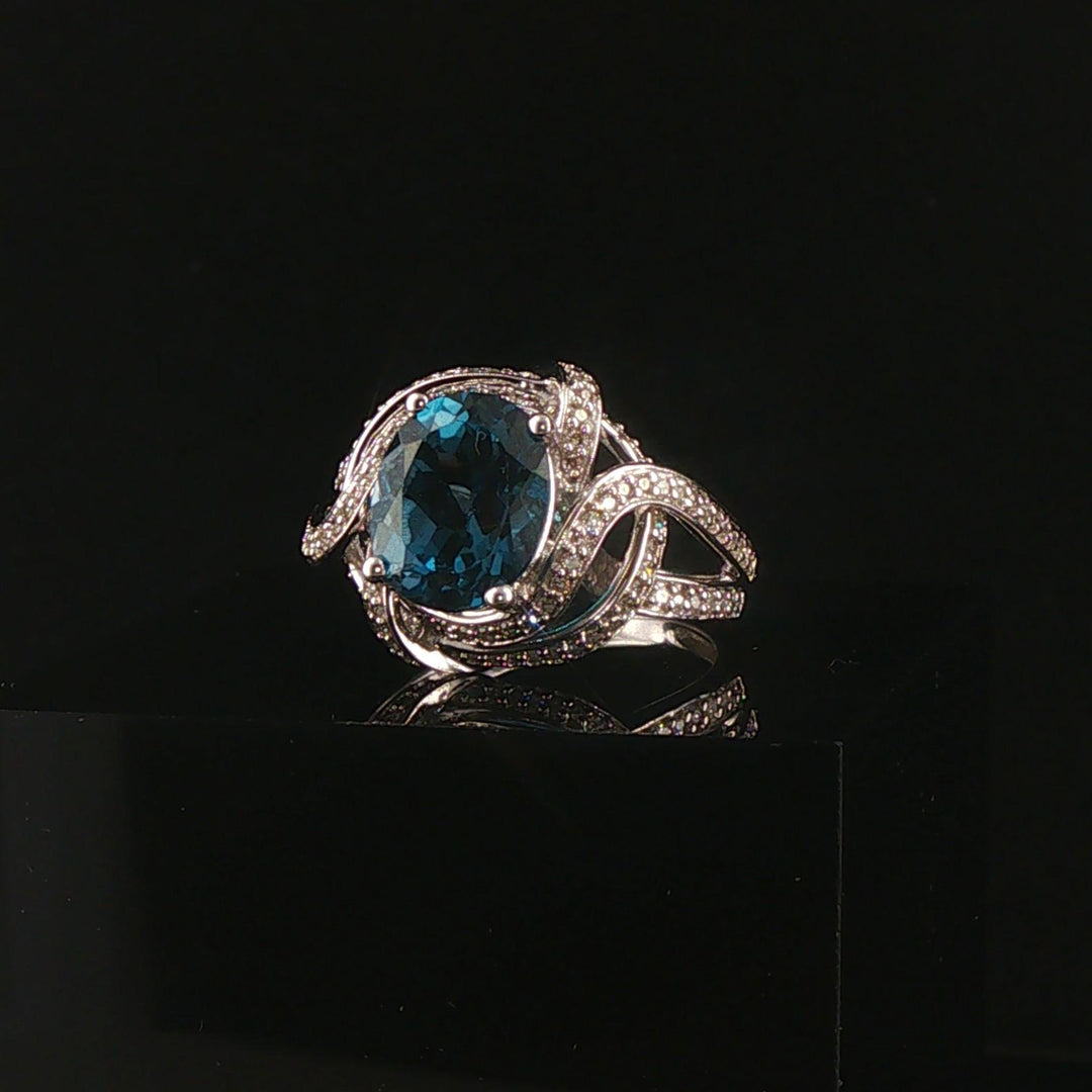 14k White Gold London Blue Topaz and Diamond Ring Size 7