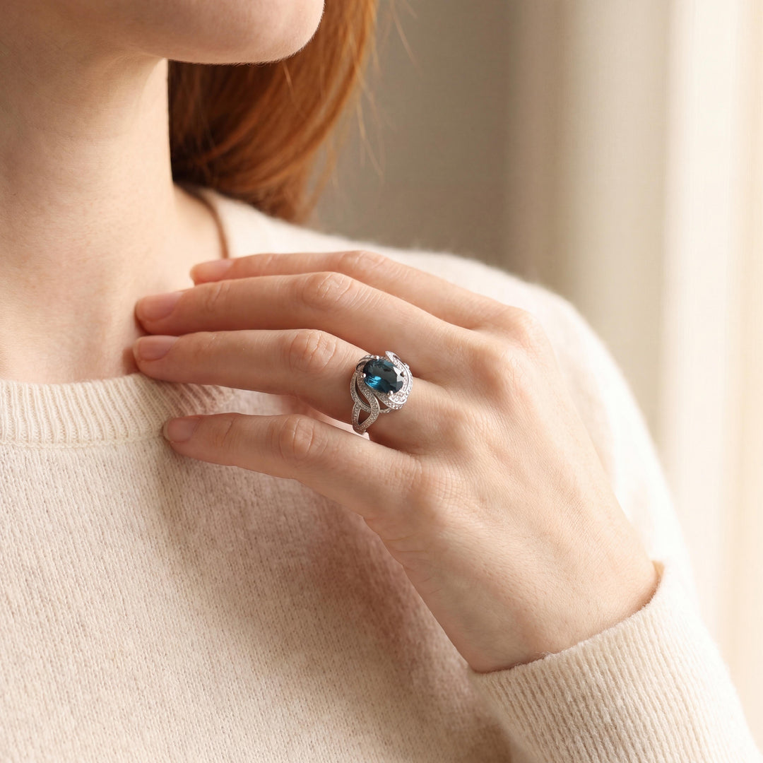 14k White Gold London Blue Topaz and Diamond Ring Size 7