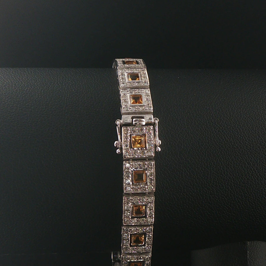 18k White Gold 2.25cttw Diamond and Citrine Square Link Bracelet 7"