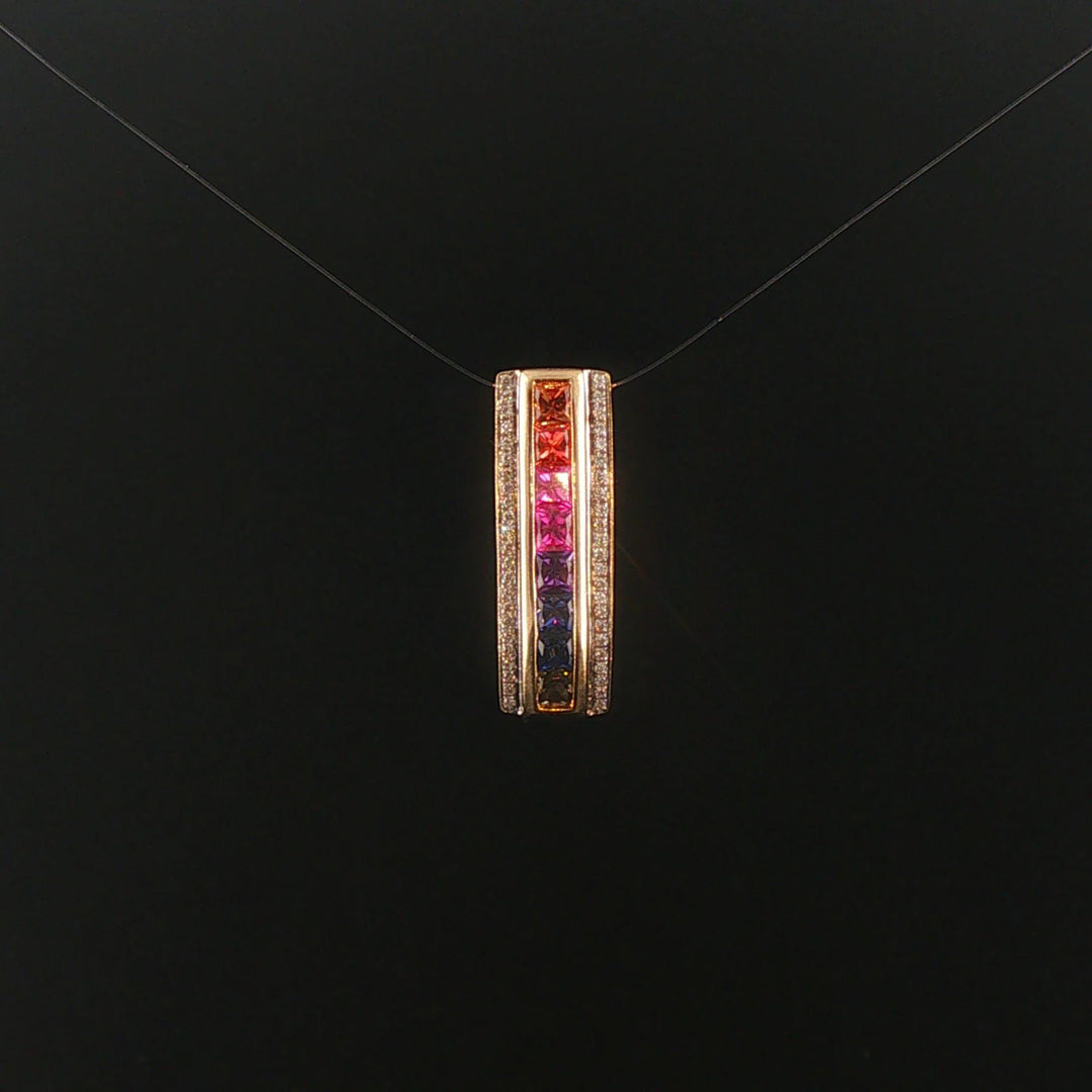 14k Yellow Gold Rainbow Sapphire and 0.15cttw Diamond Slide Pendant 1"