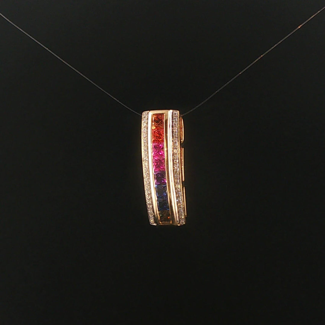 14k Yellow Gold Rainbow Sapphire and 0.15cttw Diamond Slide Pendant 1"