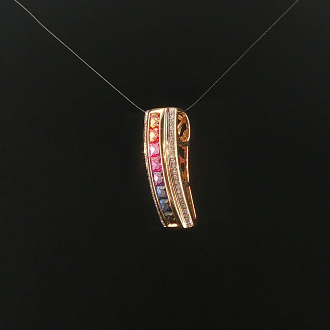 14k Yellow Gold Rainbow Sapphire and 0.15cttw Diamond Slide Pendant 1"