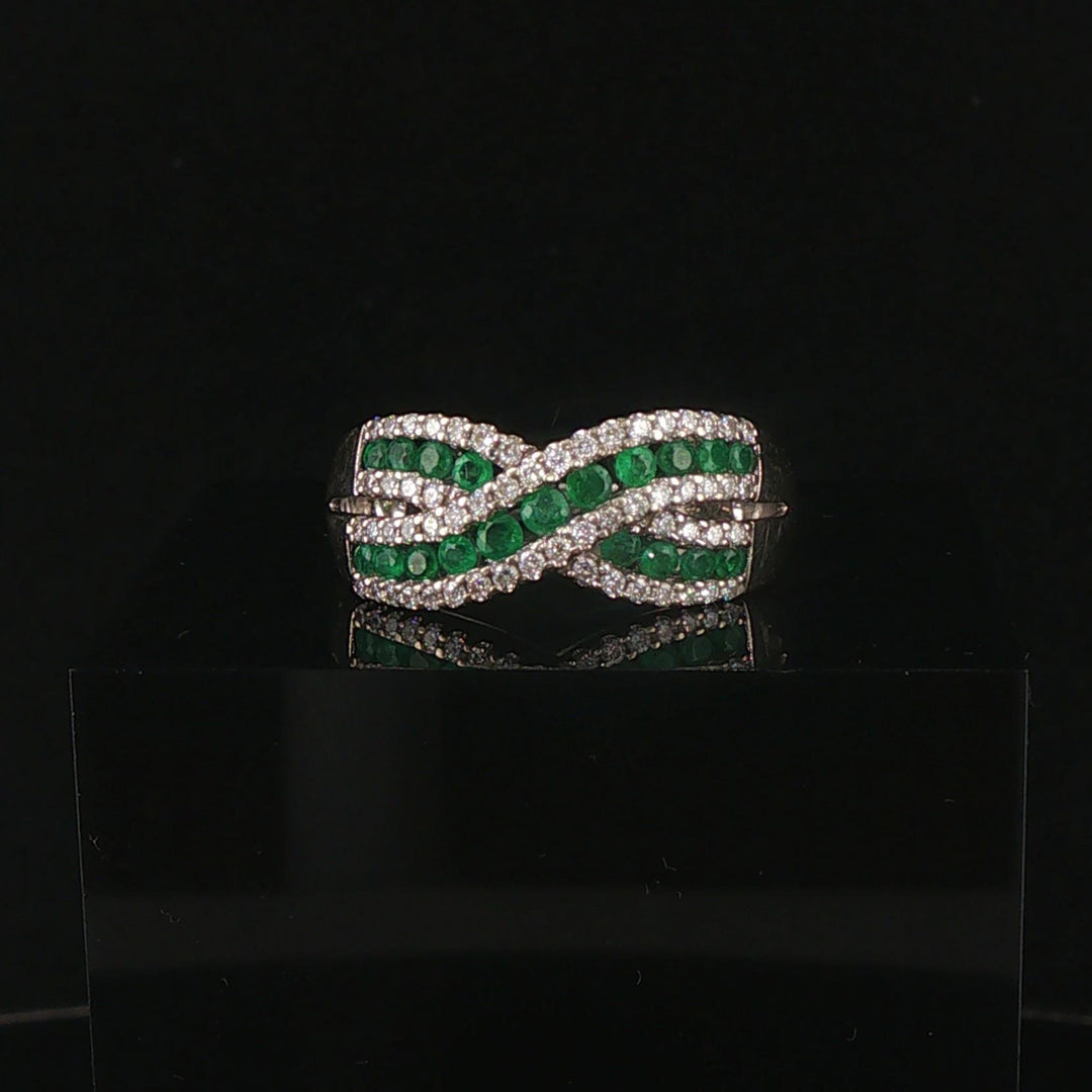 14k White Gold Emerald and 0.40cttw Diamond Crossover Band Ring Size 8