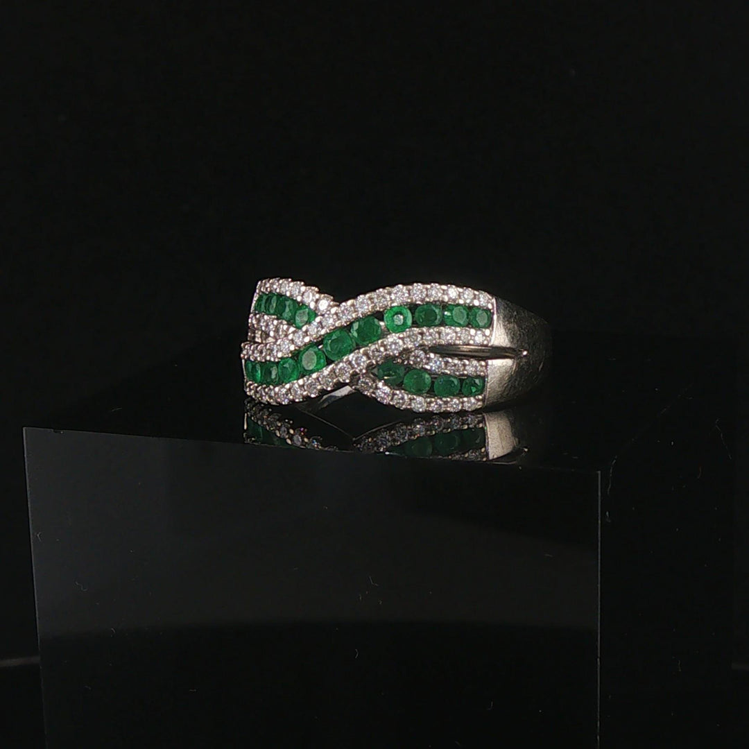 14k White Gold Emerald and 0.40cttw Diamond Crossover Band Ring Size 8
