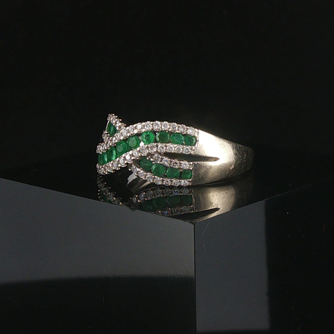 14k White Gold Emerald and 0.40cttw Diamond Crossover Band Ring Size 8