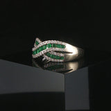 14k White Gold Emerald and 0.40cttw Diamond Crossover Band Ring Size 8
