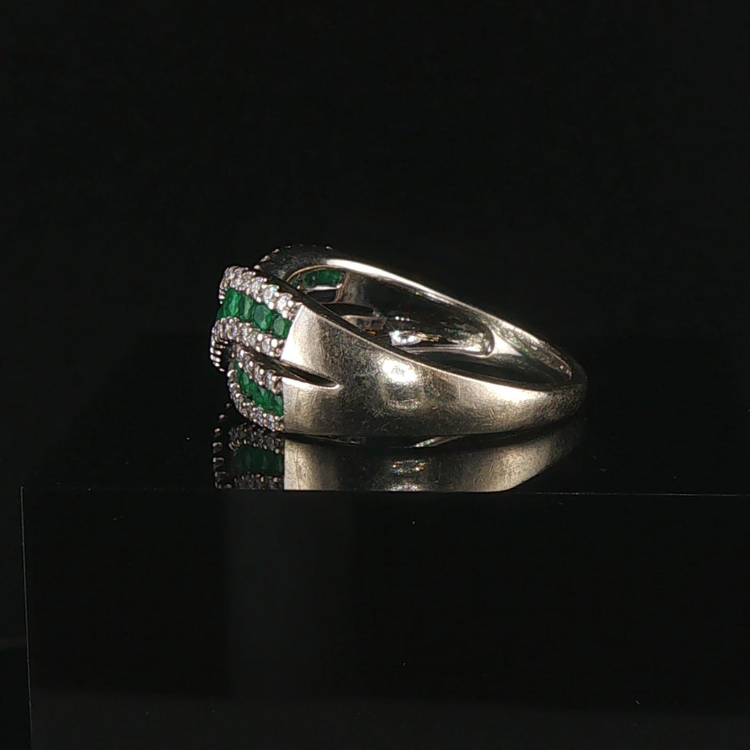 14k White Gold Emerald and 0.40cttw Diamond Crossover Band Ring Size 8
