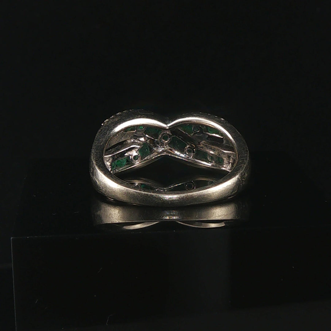 14k White Gold Emerald and 0.40cttw Diamond Crossover Band Ring Size 8