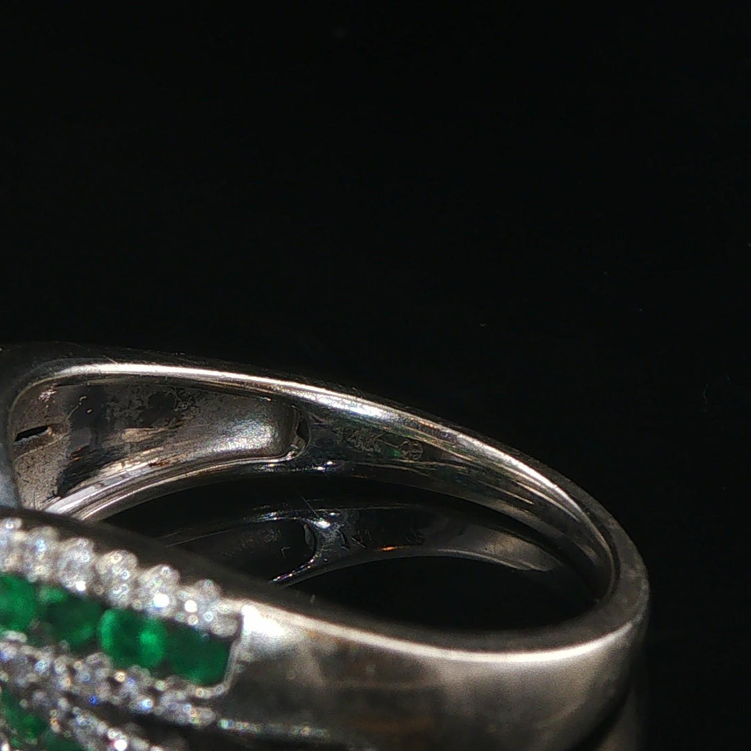 14k White Gold Emerald and 0.40cttw Diamond Crossover Band Ring Size 8