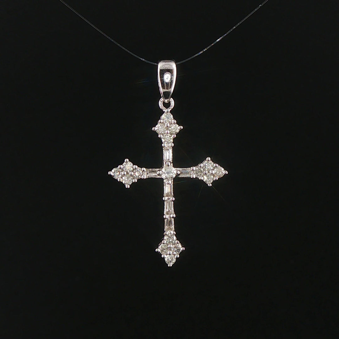 14k White Gold and 0.50cttw Round and Baguette Diamond Cross Pendant 1.25"